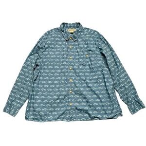Duluth Trading Men's BBQ Long Sleeve Button Down Shirt‎ Fish Print Blue Sz 2XL